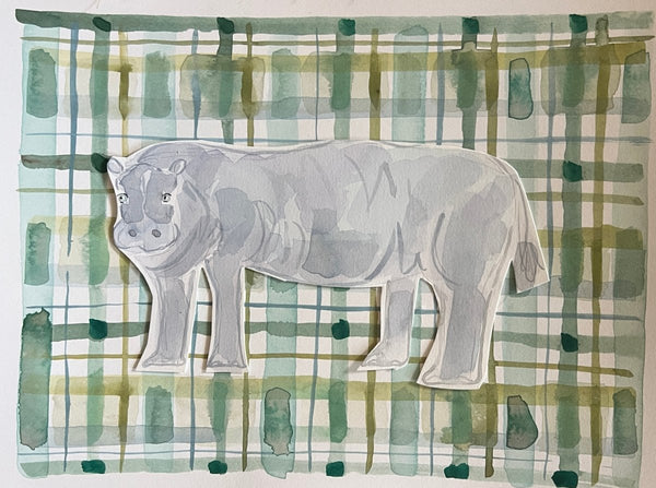 Plaid Hippo | 9" h x 12" w | Original - Liza Pruitt