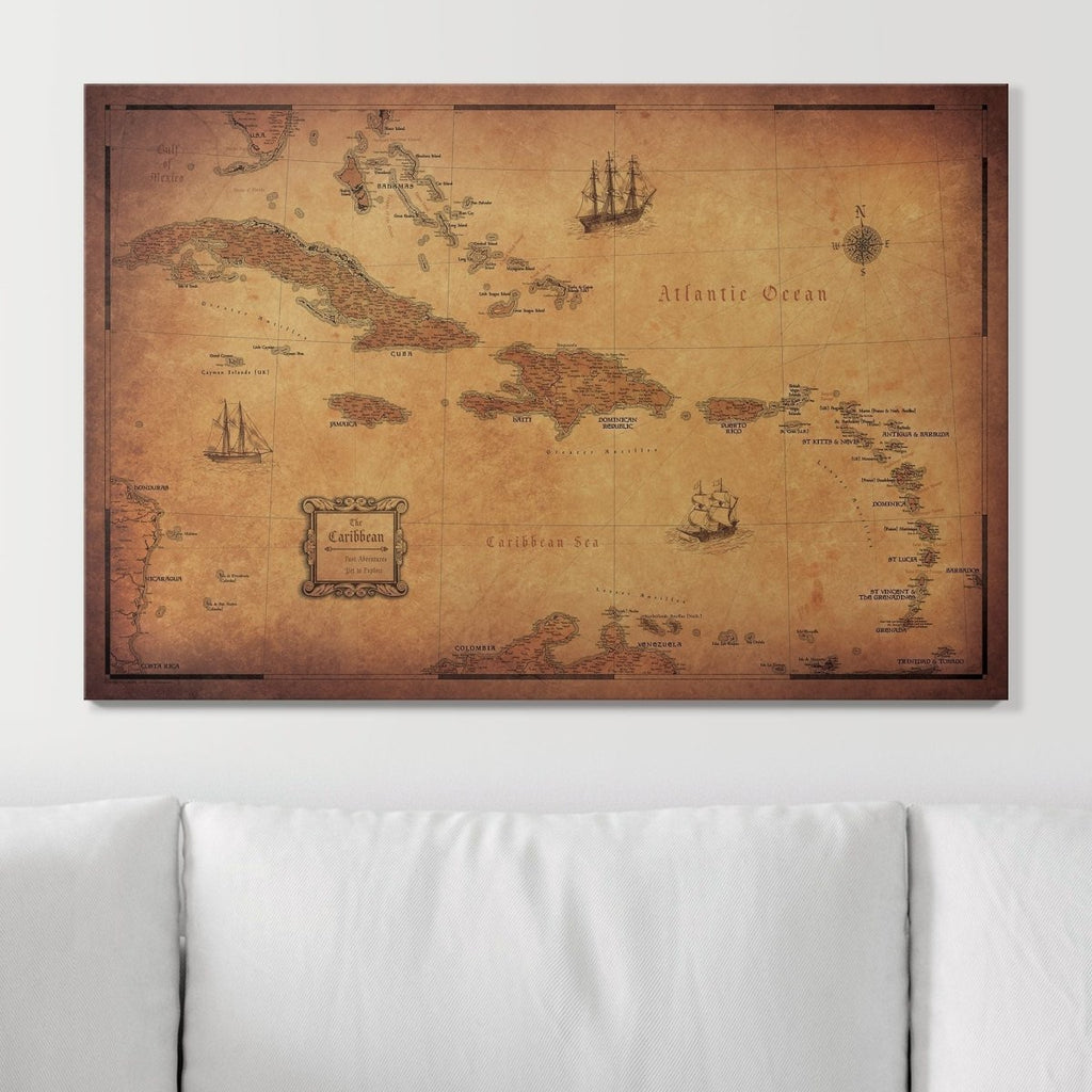Push Pin Caribbean Map - Golden Aged - Pins Included! - Liza Pruitt
