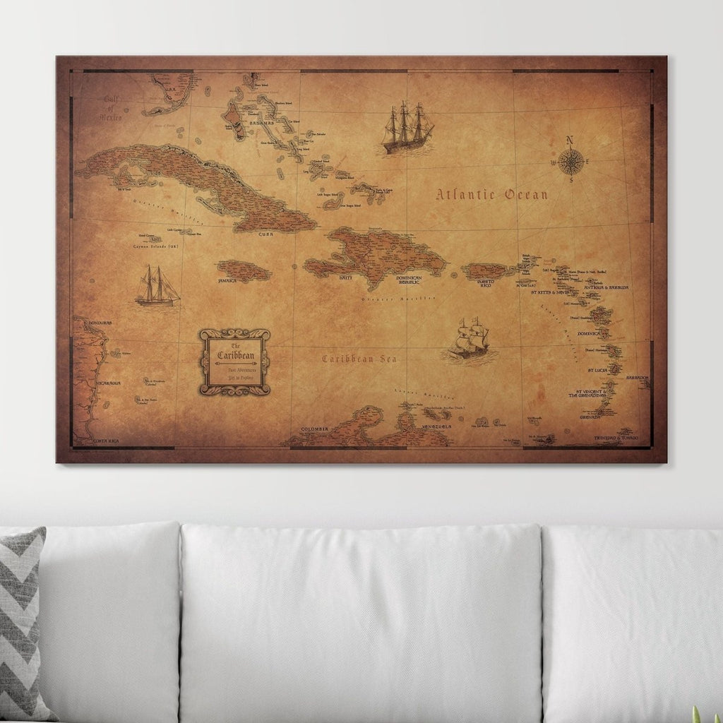 Push Pin Caribbean Map - Golden Aged - Pins Included! - Liza Pruitt