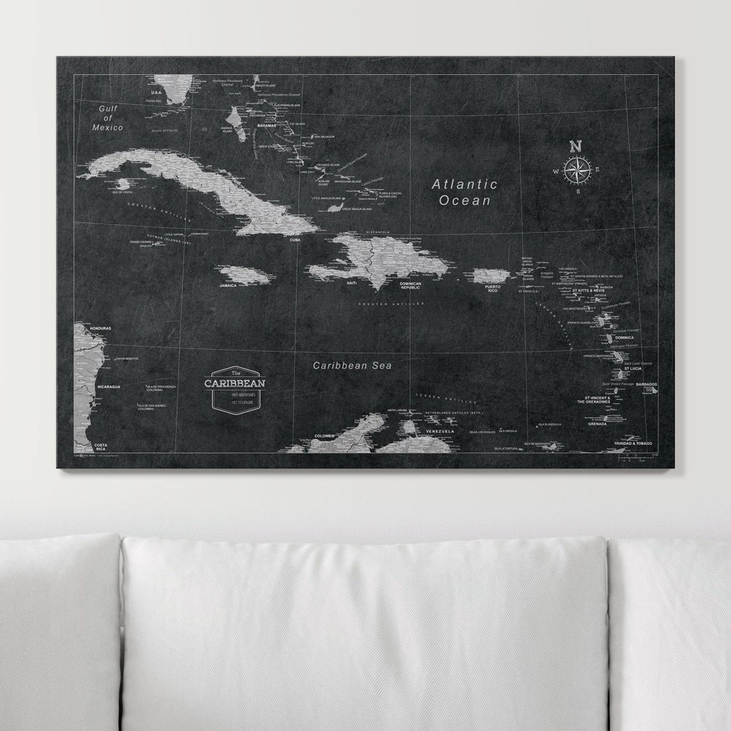 Push Pin Caribbean Map - Modern Slate - Pins Included! - Liza Pruitt