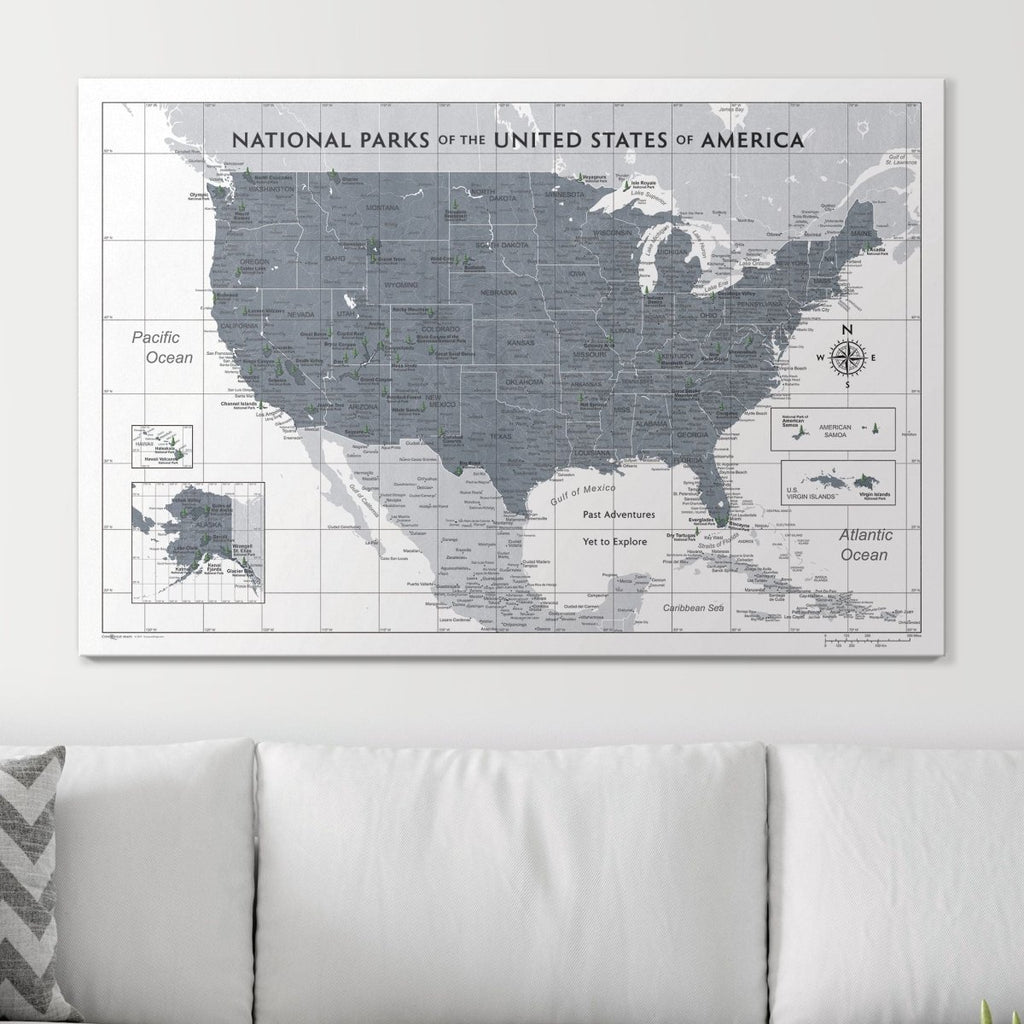 Push Pin National Parks Map - Dark Gray Color Splash - Pins Included! - Liza Pruitt
