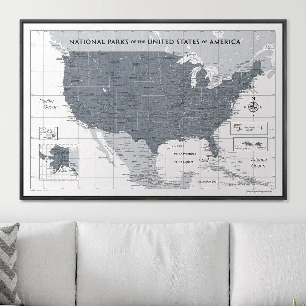 Push Pin National Parks Map - Dark Gray Color Splash - Pins Included! - Liza Pruitt
