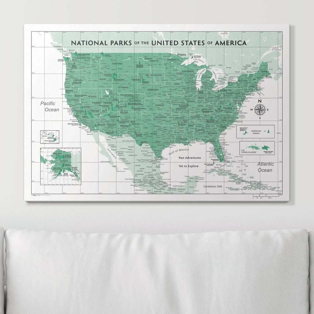 Push Pin National Parks Map - Green Color Splash - Pins Included! - Liza Pruitt