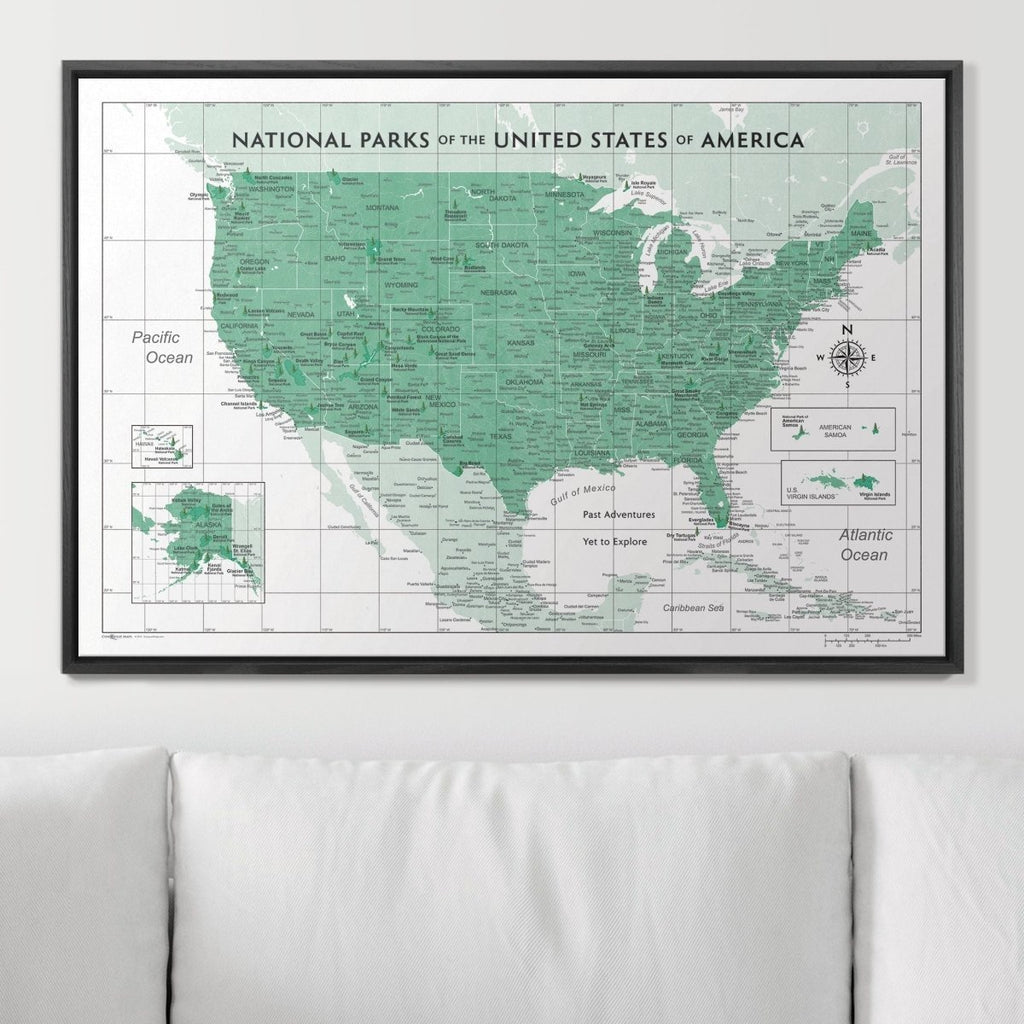 Push Pin National Parks Map - Green Color Splash - Pins Included! - Liza Pruitt