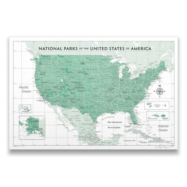 Push Pin National Parks Map - Green Color Splash - Pins Included! - Liza Pruitt