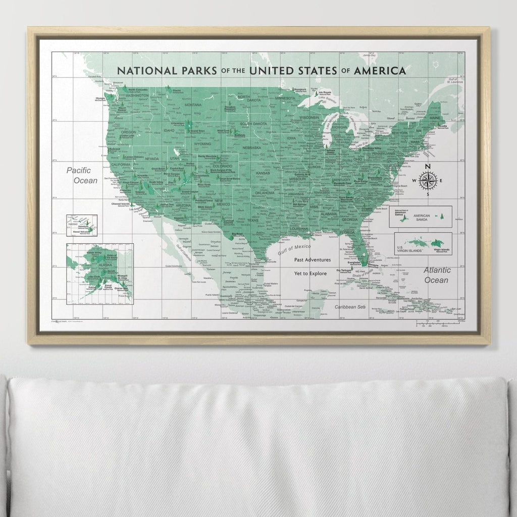 Push Pin National Parks Map - Green Color Splash - Pins Included! - Liza Pruitt