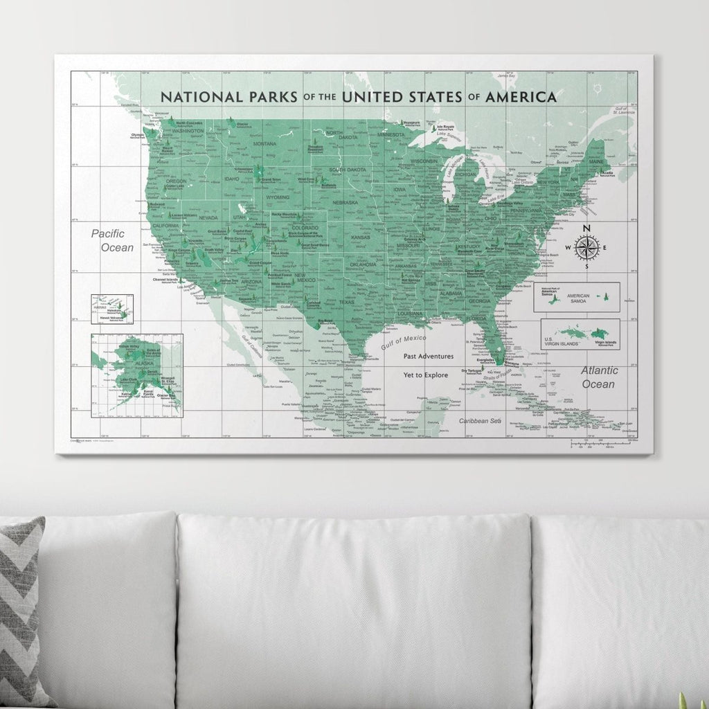 Push Pin National Parks Map - Green Color Splash - Pins Included! - Liza Pruitt