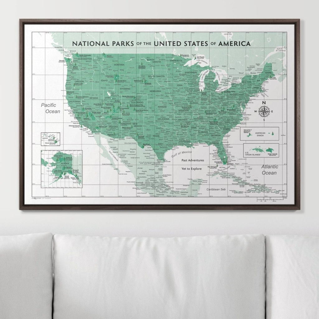 Push Pin National Parks Map - Green Color Splash - Pins Included! - Liza Pruitt