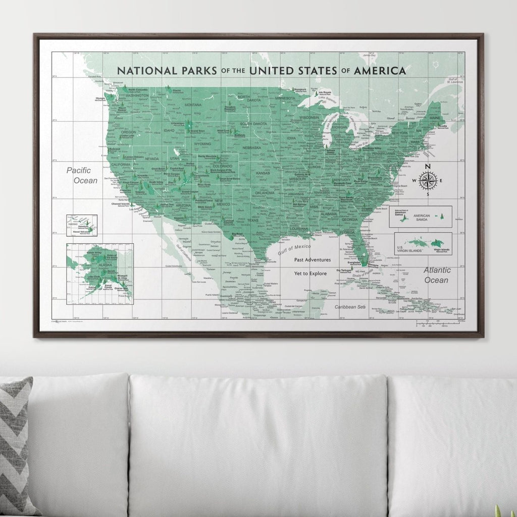 Push Pin National Parks Map - Green Color Splash - Pins Included! - Liza Pruitt