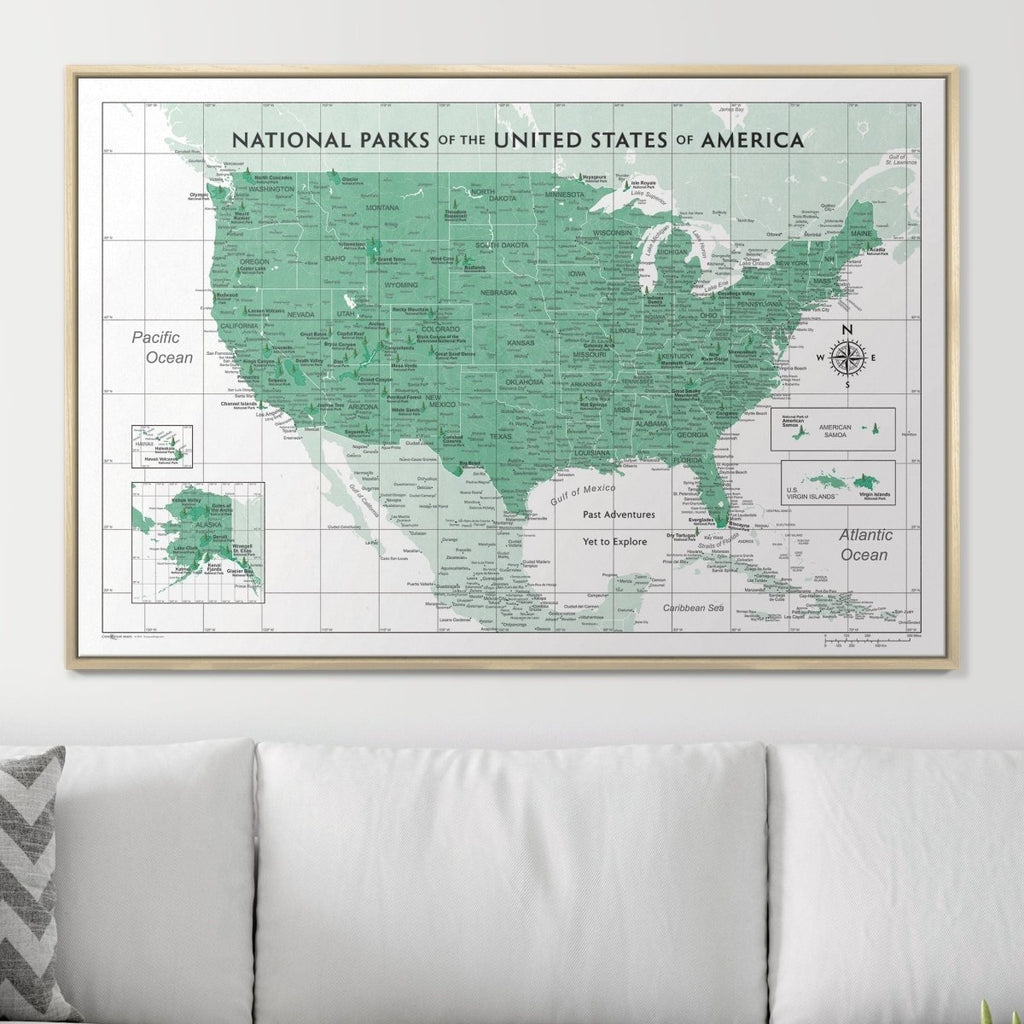 Push Pin National Parks Map - Green Color Splash - Pins Included! - Liza Pruitt