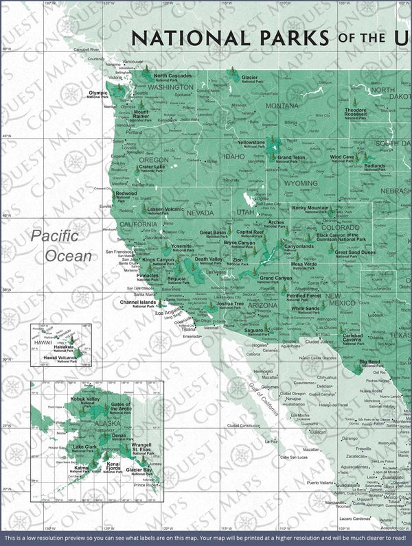 Push Pin National Parks Map - Green Color Splash - Pins Included! - Liza Pruitt