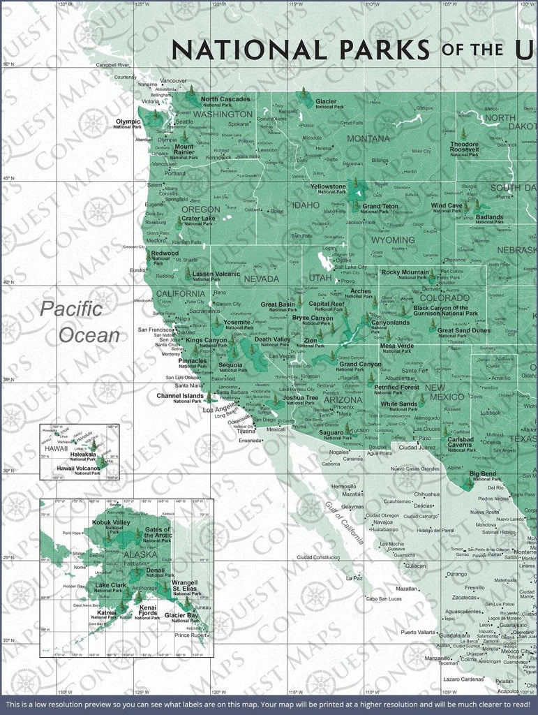 Push Pin National Parks Map - Green Color Splash - Pins Included! - Liza Pruitt