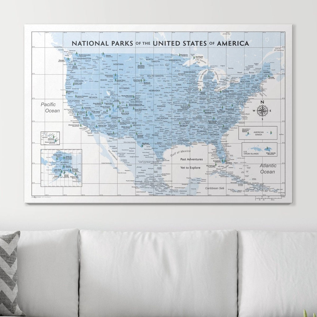 Push Pin National Parks Map - Light Blue Color Splash - Pins Included! - Liza Pruitt