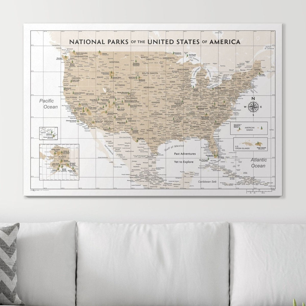 Push Pin National Parks Map - Light Brown Color Splash - Pins Included! - Liza Pruitt