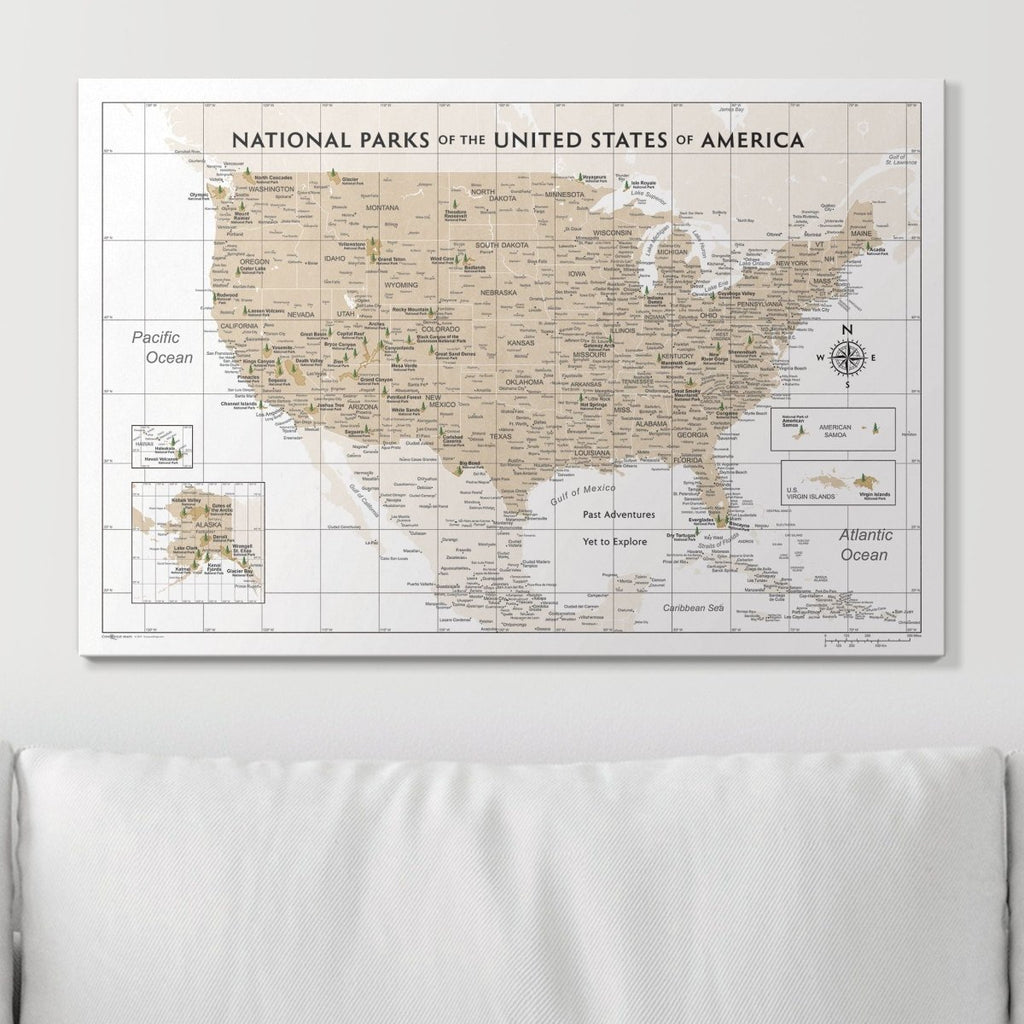 Push Pin National Parks Map - Light Brown Color Splash - Pins Included! - Liza Pruitt