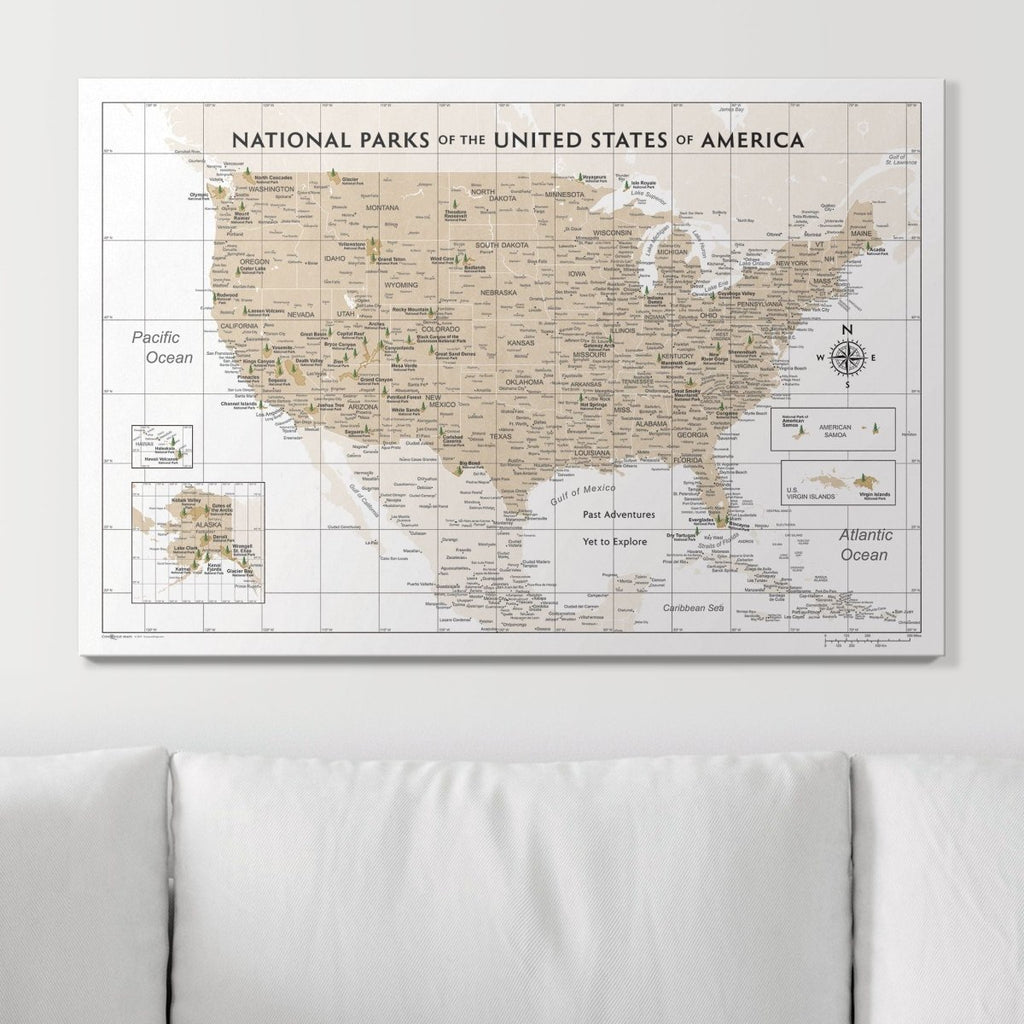 Push Pin National Parks Map - Light Brown Color Splash - Pins Included! - Liza Pruitt
