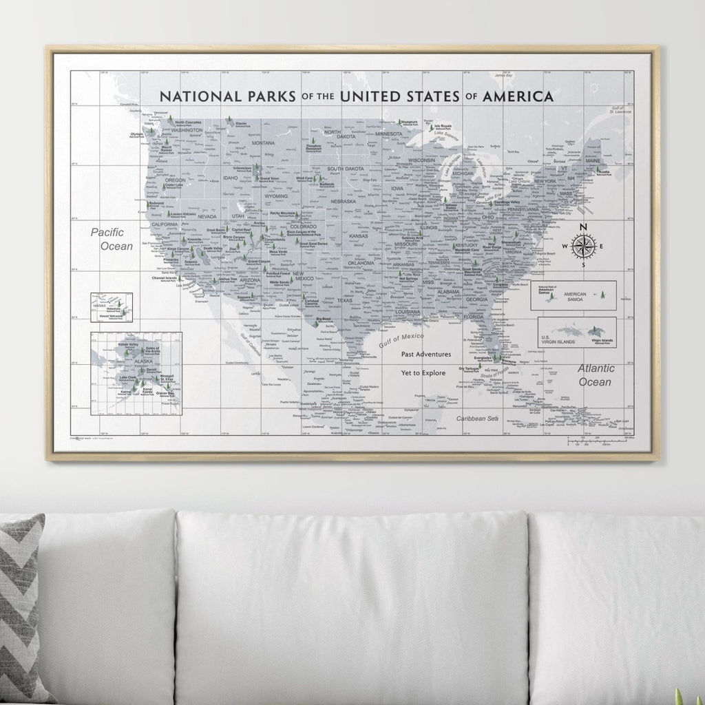 Push Pin National Parks Map - Light Gray Color Splash - Pins Included! - Liza Pruitt