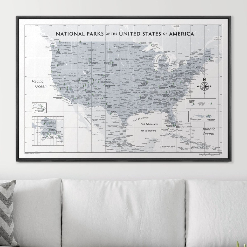Push Pin National Parks Map - Light Gray Color Splash - Pins Included! - Liza Pruitt