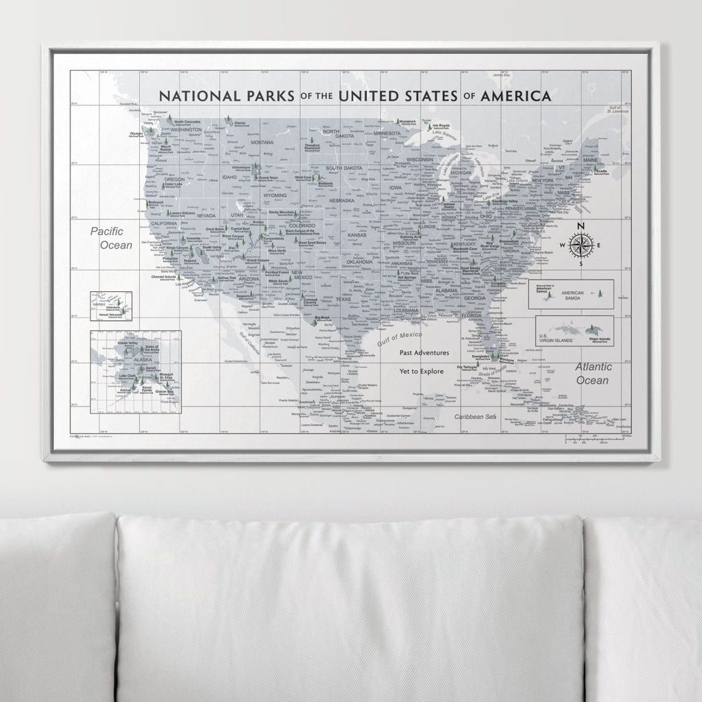 Push Pin National Parks Map - Light Gray Color Splash - Pins Included! - Liza Pruitt