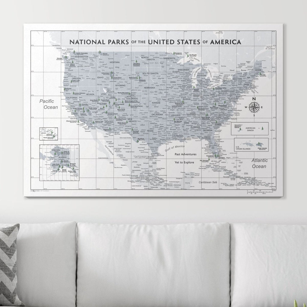 Push Pin National Parks Map - Light Gray Color Splash - Pins Included! - Liza Pruitt