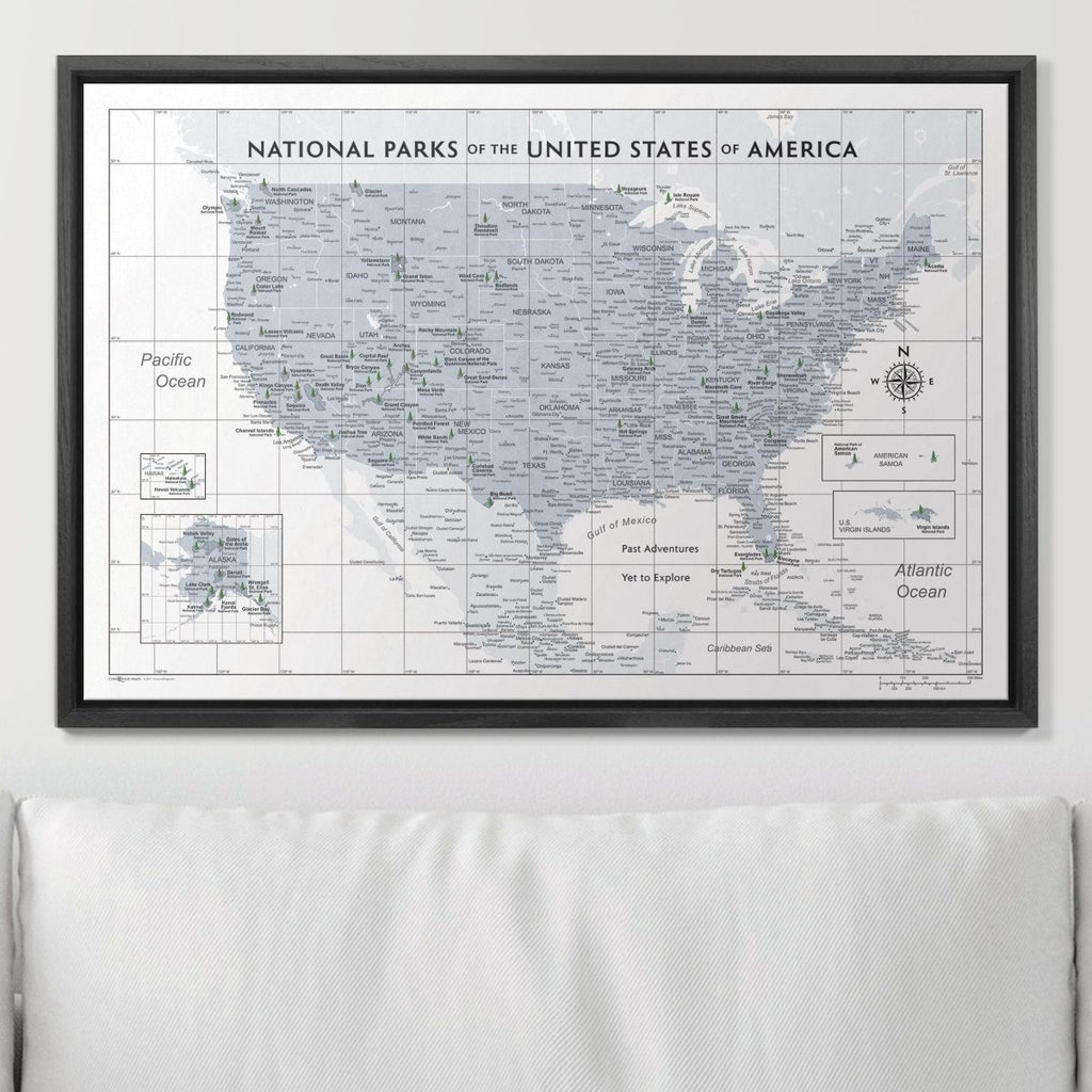 Push Pin National Parks Map - Light Gray Color Splash - Pins Included! - Liza Pruitt