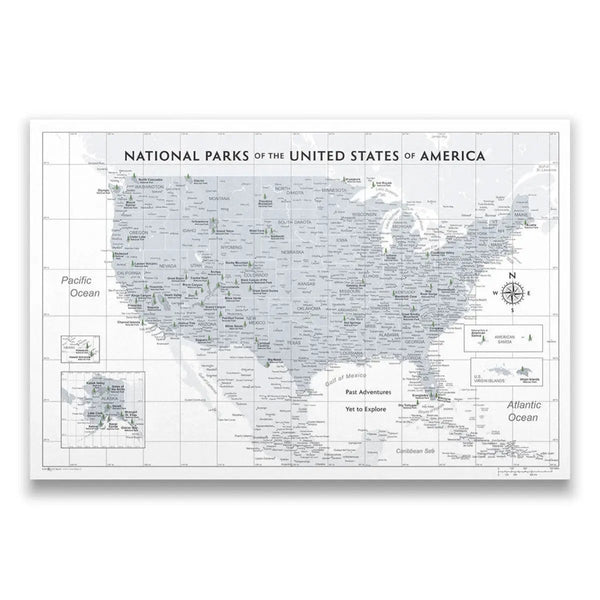 Push Pin National Parks Map - Light Gray Color Splash - Pins Included! - Liza Pruitt