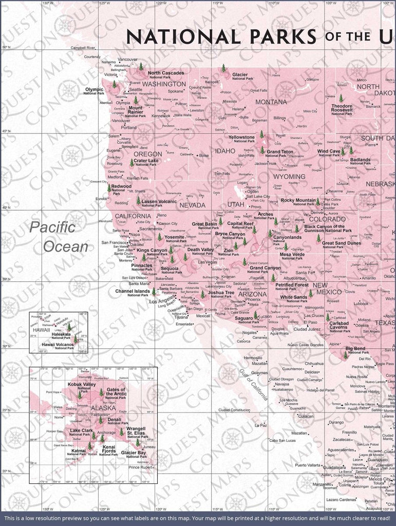 Push Pin National Parks Map - Pink Color Splash - Pins Included! - Liza Pruitt