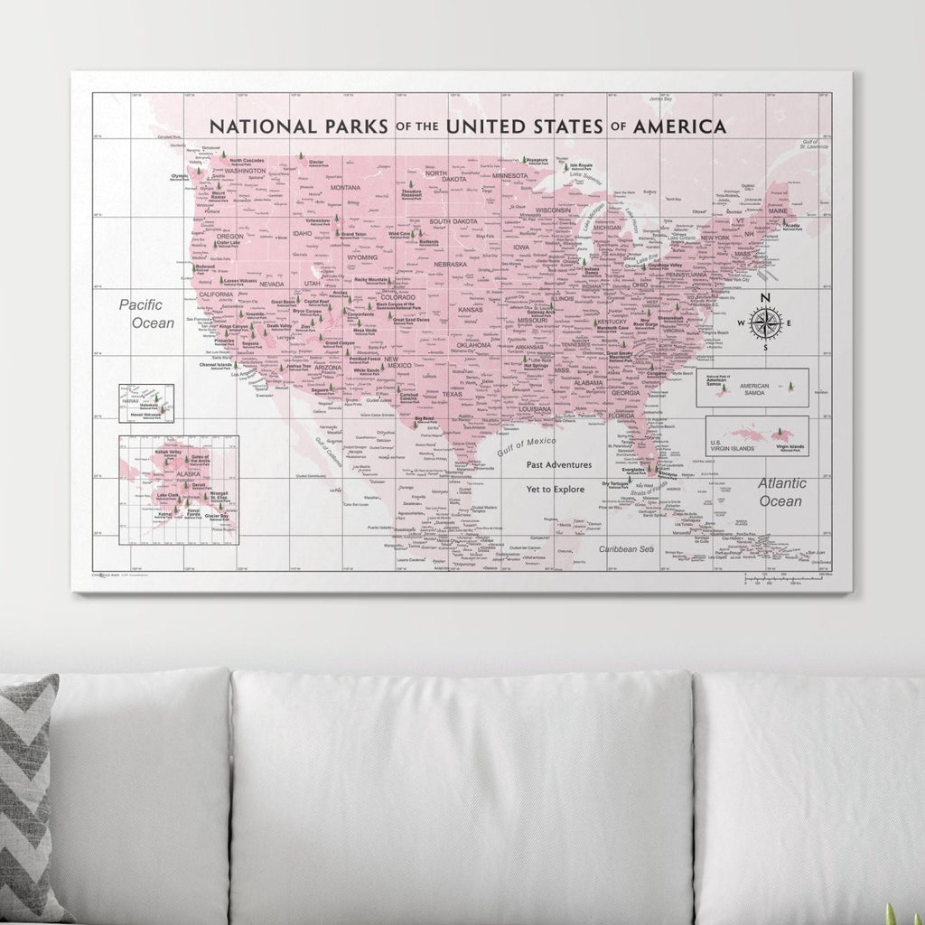 Push Pin National Parks Map - Pink Color Splash - Pins Included! - Liza Pruitt