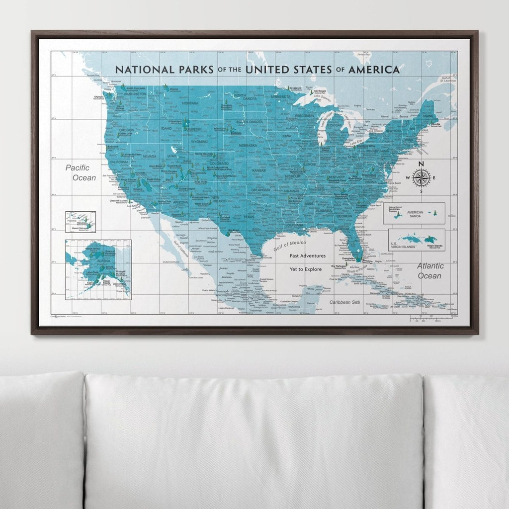 Push Pin National Parks Map - Teal Color Splash - Pins Included! - Liza Pruitt