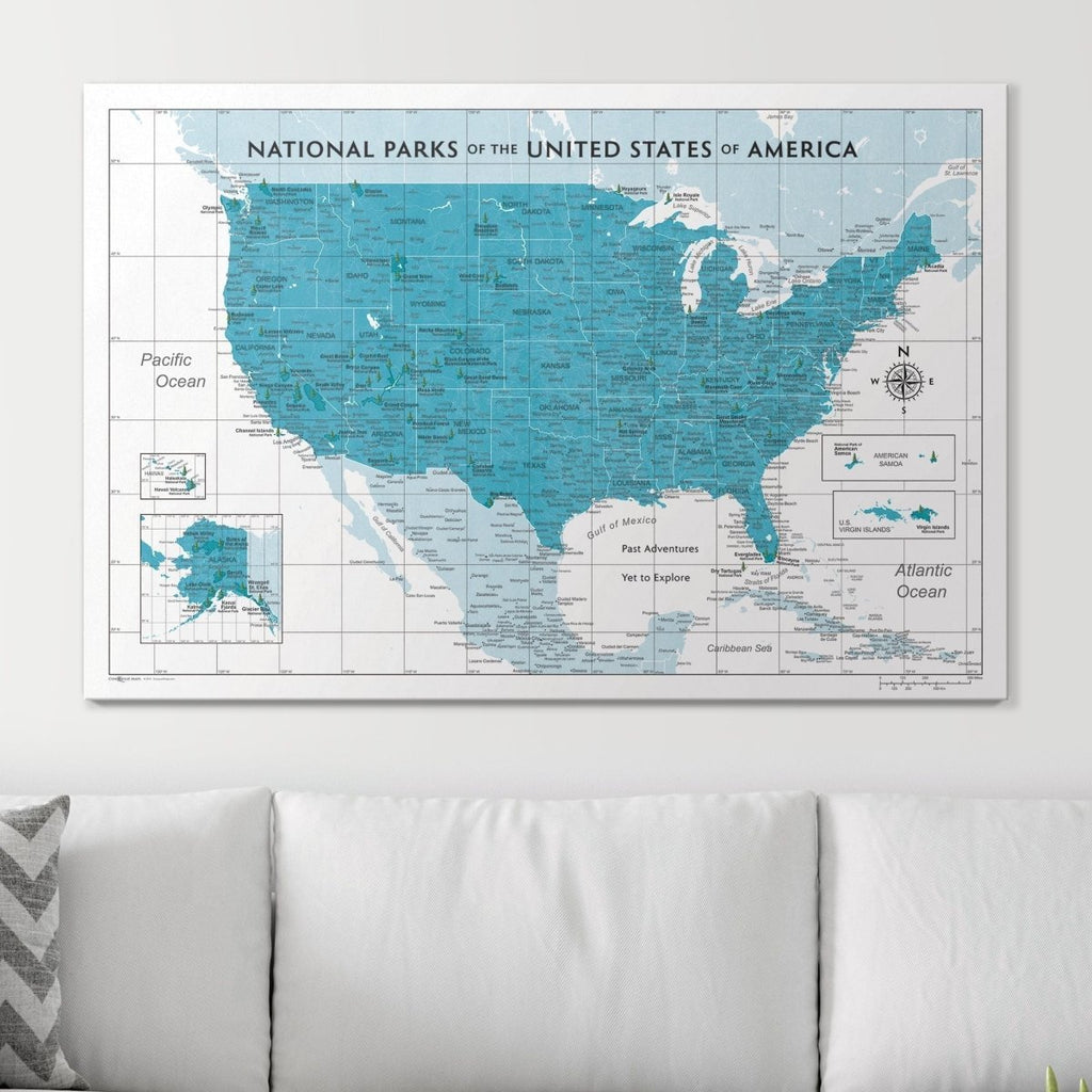 Push Pin National Parks Map - Teal Color Splash - Pins Included! - Liza Pruitt