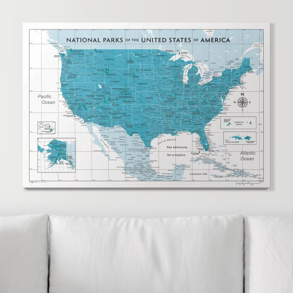 Push Pin National Parks Map - Teal Color Splash - Pins Included! - Liza Pruitt