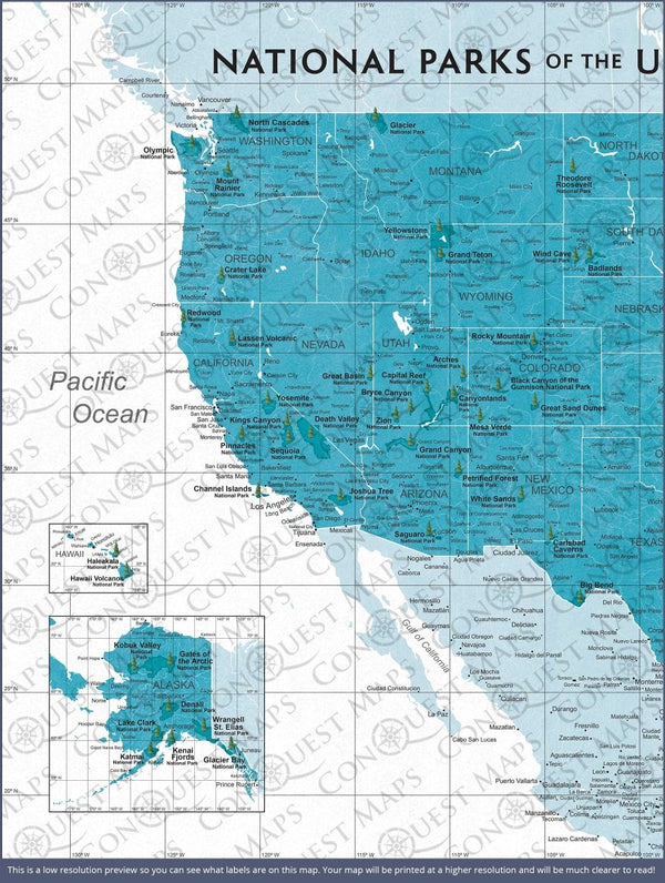Push Pin National Parks Map - Teal Color Splash - Pins Included! - Liza Pruitt