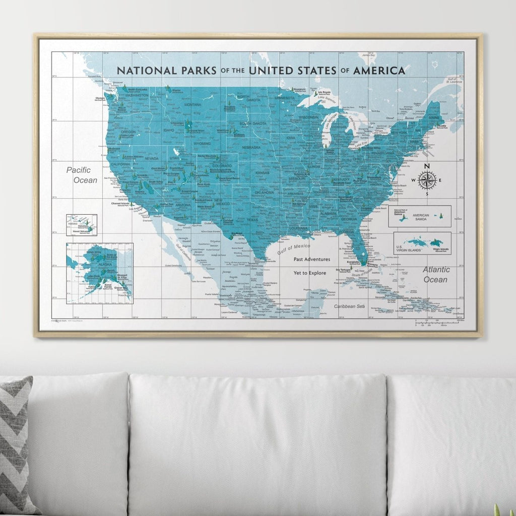 Push Pin National Parks Map - Teal Color Splash - Pins Included! - Liza Pruitt