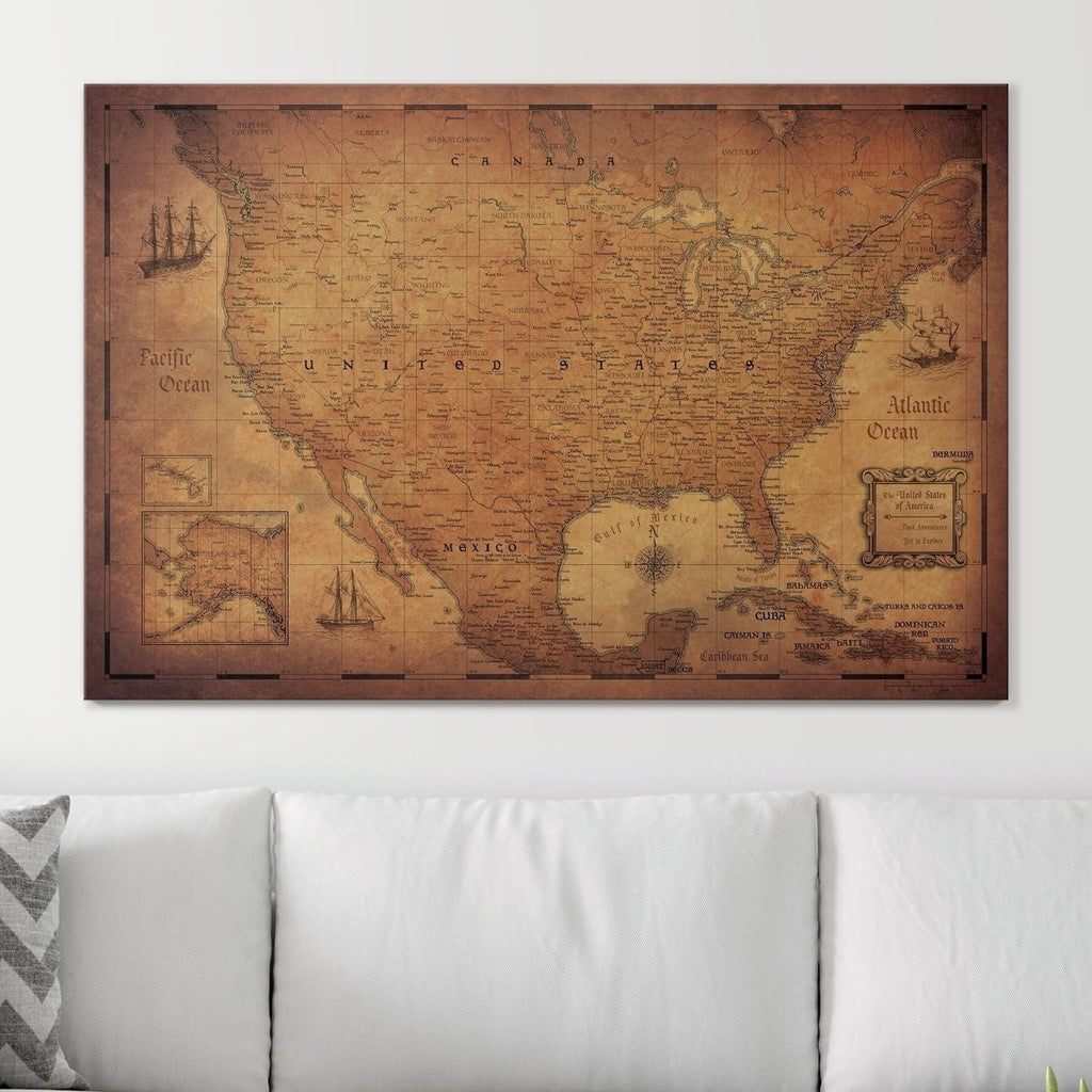 Push Pin USA Map Pin Board - Golden Aged - Pins Included! - Liza Pruitt
