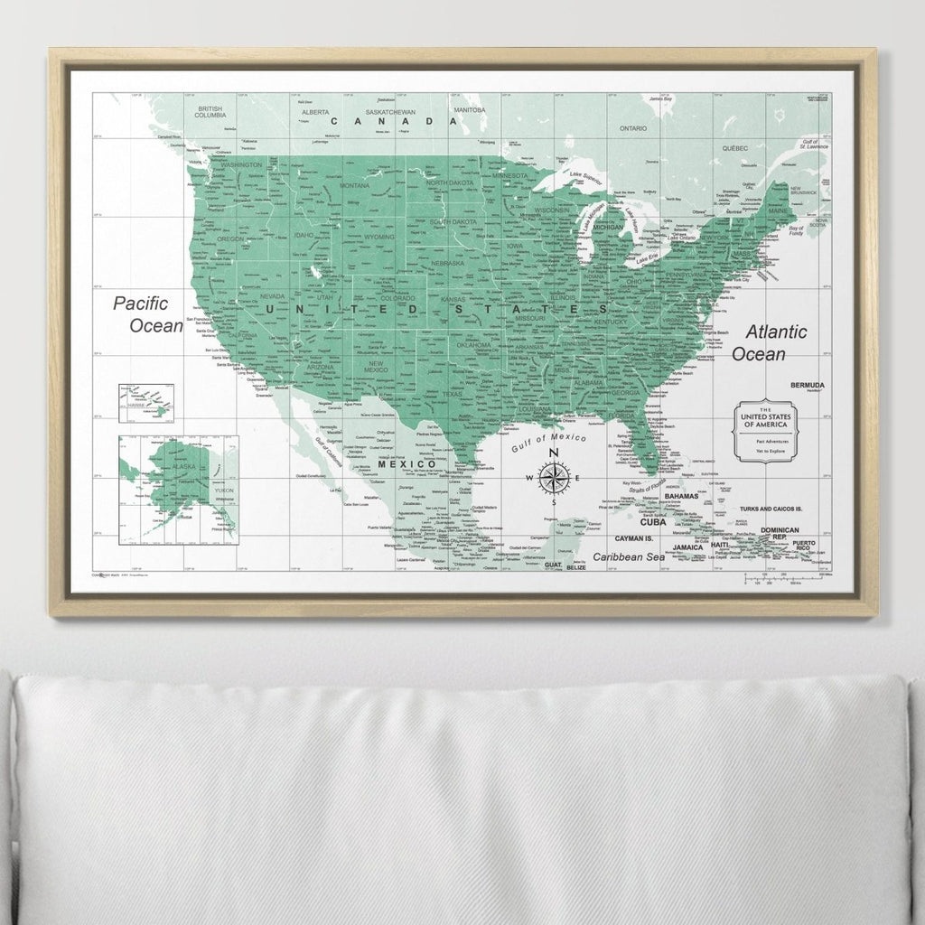 Push Pin USA Map Pin Board - Green Color Splash - Pins Included! - Liza Pruitt