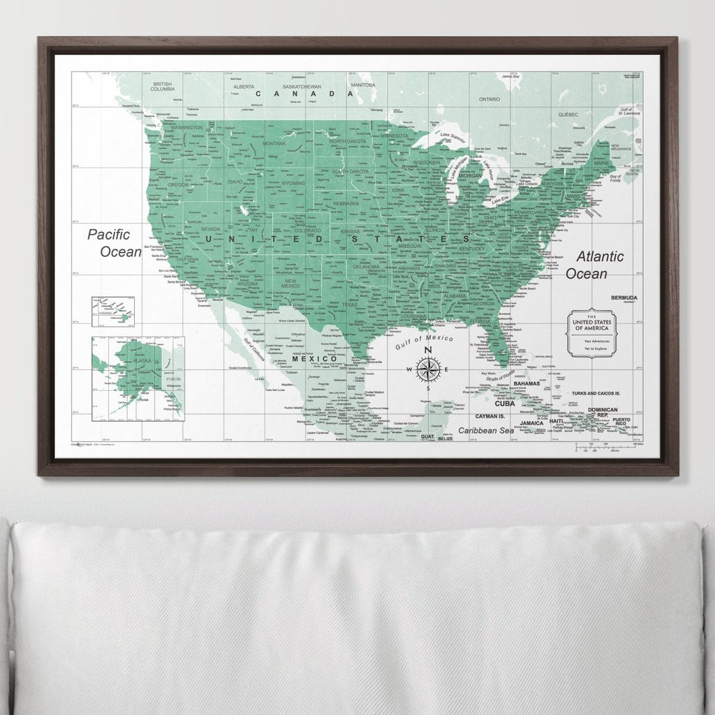 Push Pin USA Map Pin Board - Green Color Splash - Pins Included! - Liza Pruitt