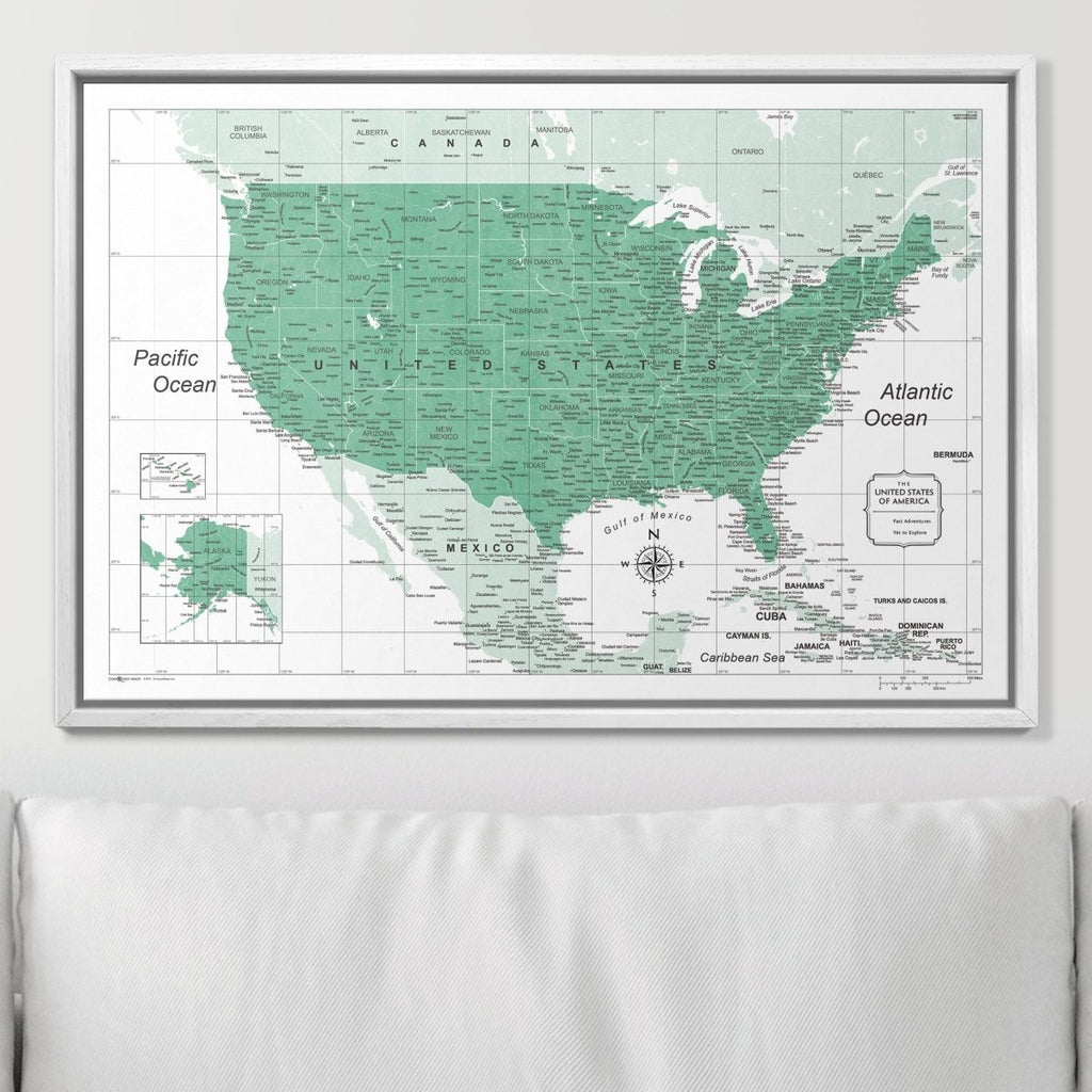 Push Pin USA Map Pin Board - Green Color Splash - Pins Included! - Liza Pruitt