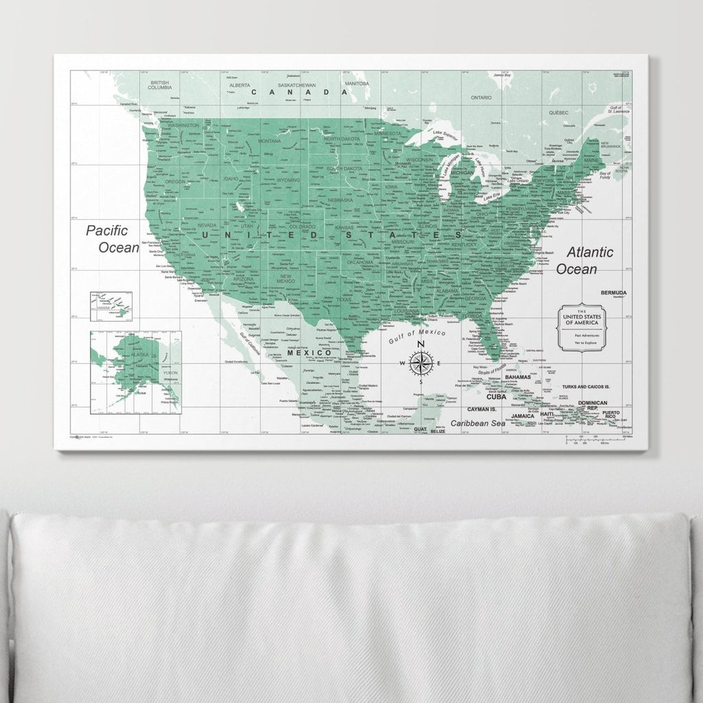 Push Pin USA Map Pin Board - Green Color Splash - Pins Included! - Liza Pruitt