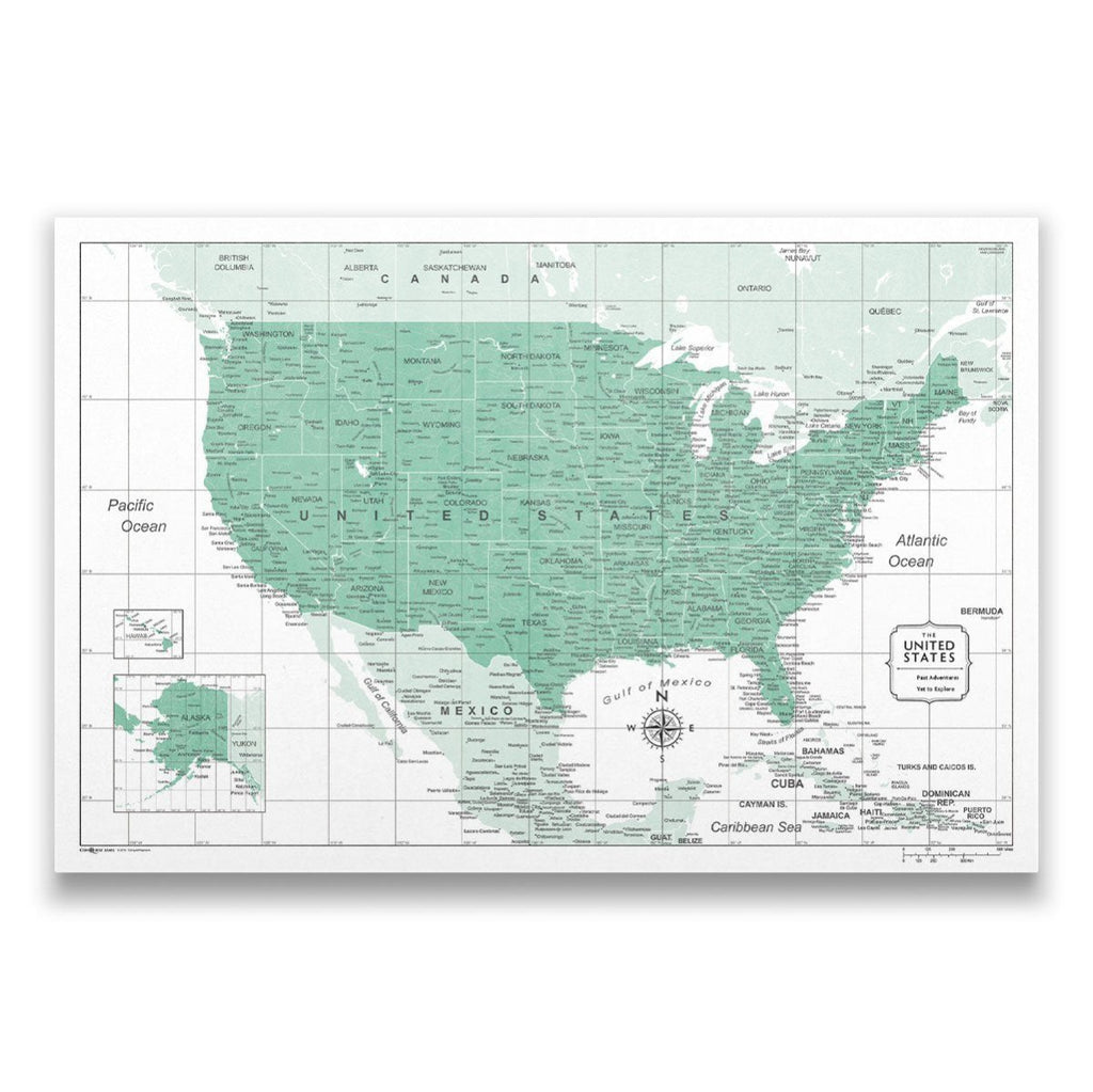 Push Pin USA Map Pin Board - Green Color Splash - Pins Included! - Liza Pruitt