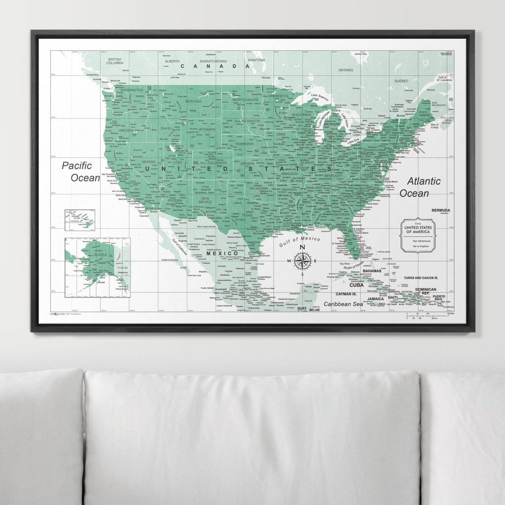 Push Pin USA Map Pin Board - Green Color Splash - Pins Included! - Liza Pruitt