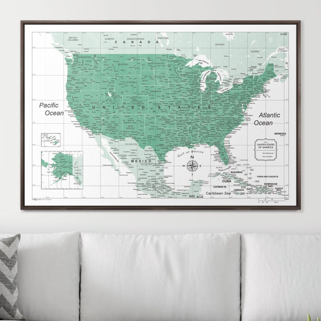 Push Pin USA Map Pin Board - Green Color Splash - Pins Included! - Liza Pruitt