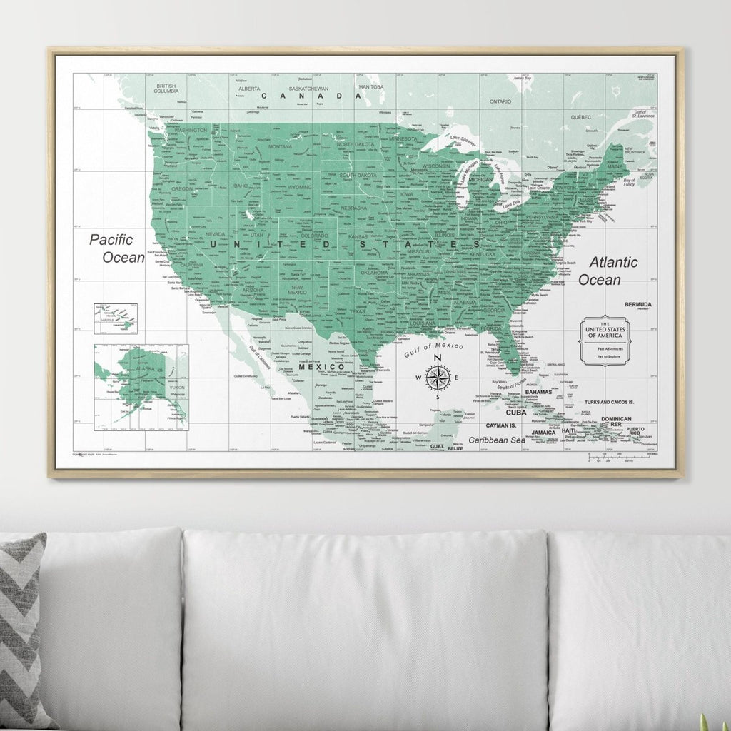 Push Pin USA Map Pin Board - Green Color Splash - Pins Included! - Liza Pruitt