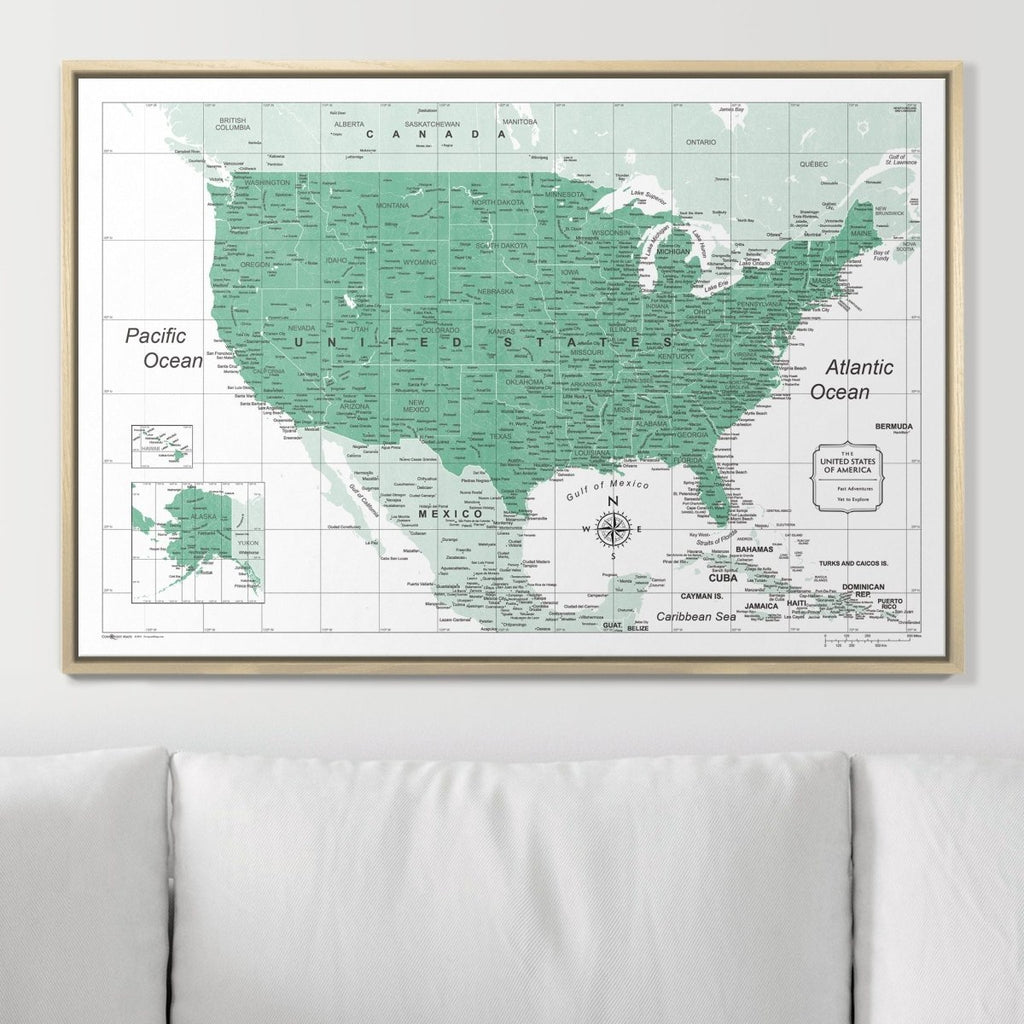 Push Pin USA Map Pin Board - Green Color Splash - Pins Included! - Liza Pruitt