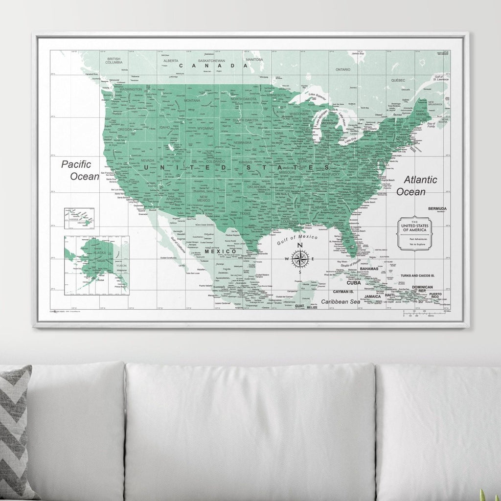 Push Pin USA Map Pin Board - Green Color Splash - Pins Included! - Liza Pruitt