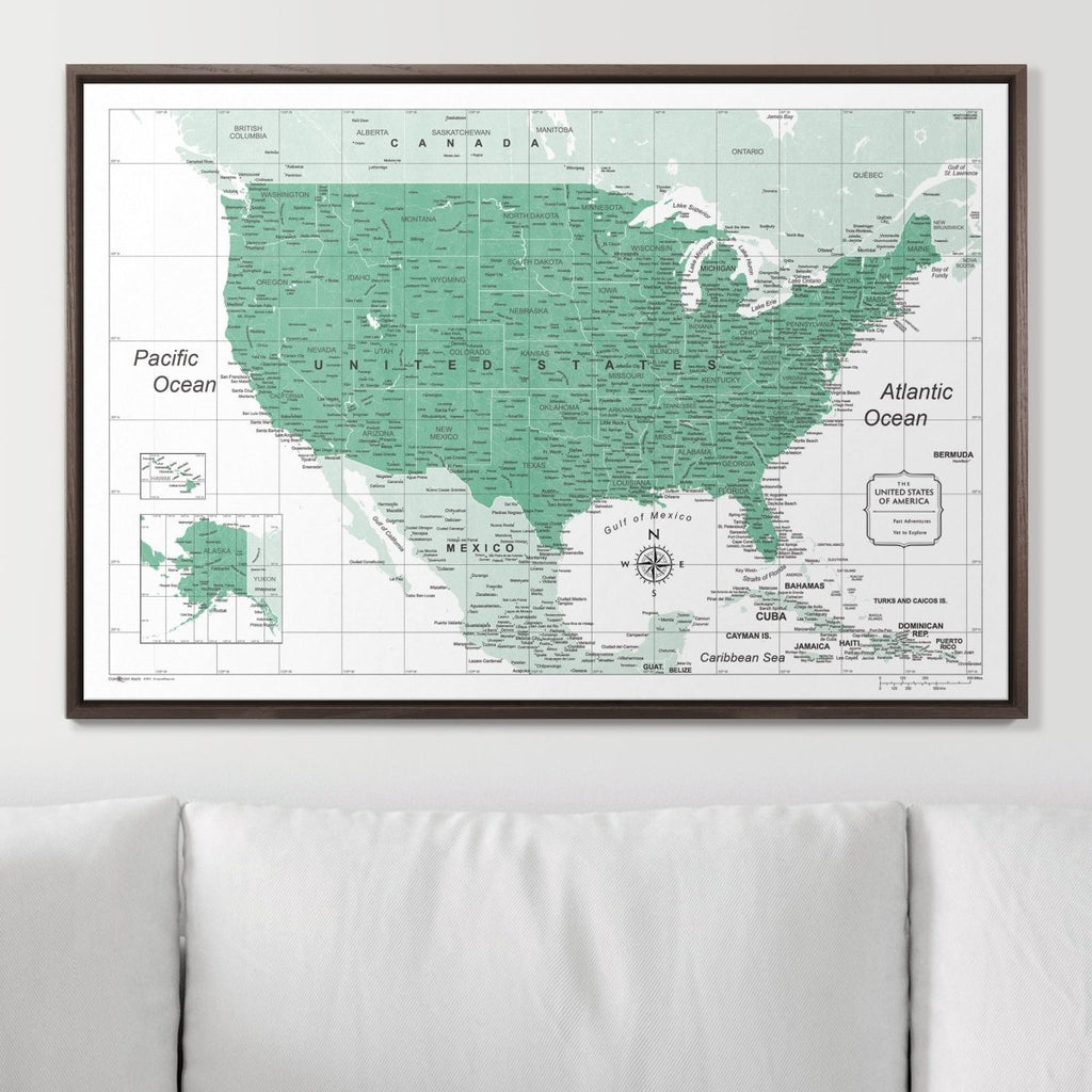 Push Pin USA Map Pin Board - Green Color Splash - Pins Included! - Liza Pruitt
