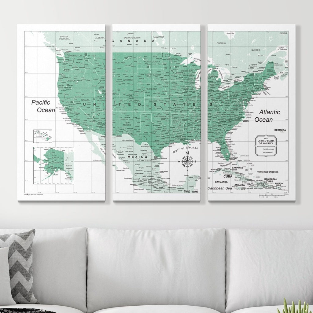 Push Pin USA Map Pin Board - Green Color Splash - Pins Included! - Liza Pruitt
