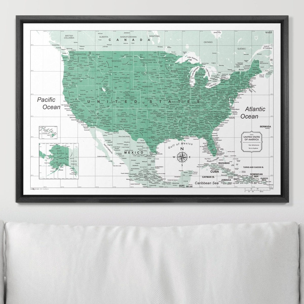 Push Pin USA Map Pin Board - Green Color Splash - Pins Included! - Liza Pruitt