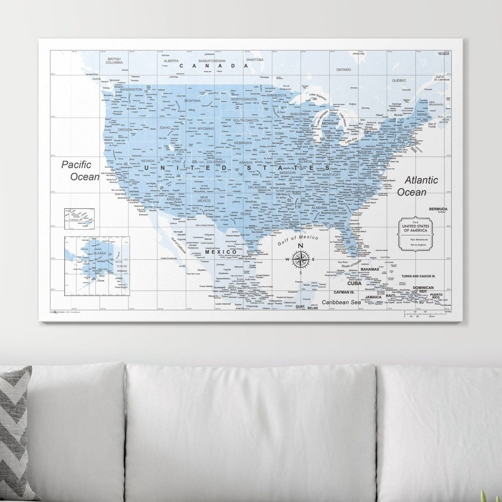 Push Pin USA Map Pin Board - Light Blue Color Splash - Pins Included! - Liza Pruitt