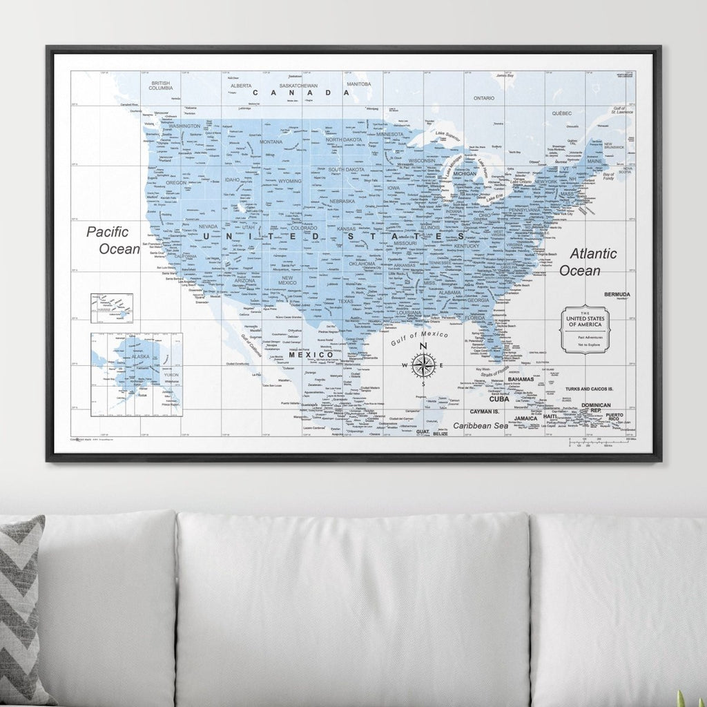 Push Pin USA Map Pin Board - Light Blue Color Splash - Pins Included! - Liza Pruitt