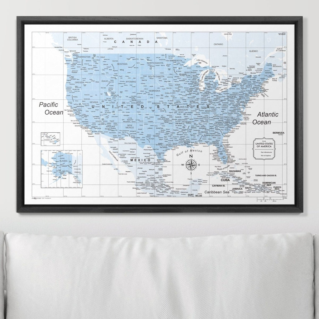 Push Pin USA Map Pin Board - Light Blue Color Splash - Pins Included! - Liza Pruitt